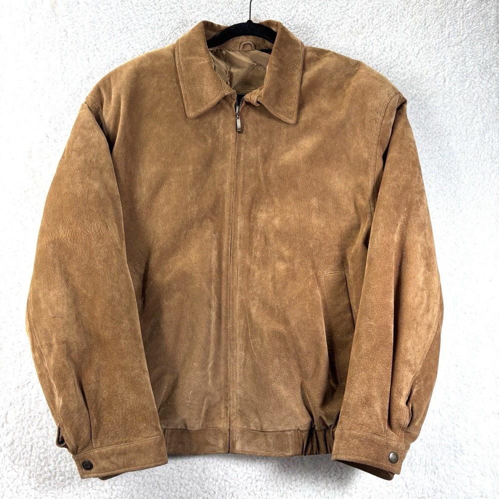 Roundtree & Yorke Tan Leather Suede Bomber Jacket Lined Zip Front Size XL Moto